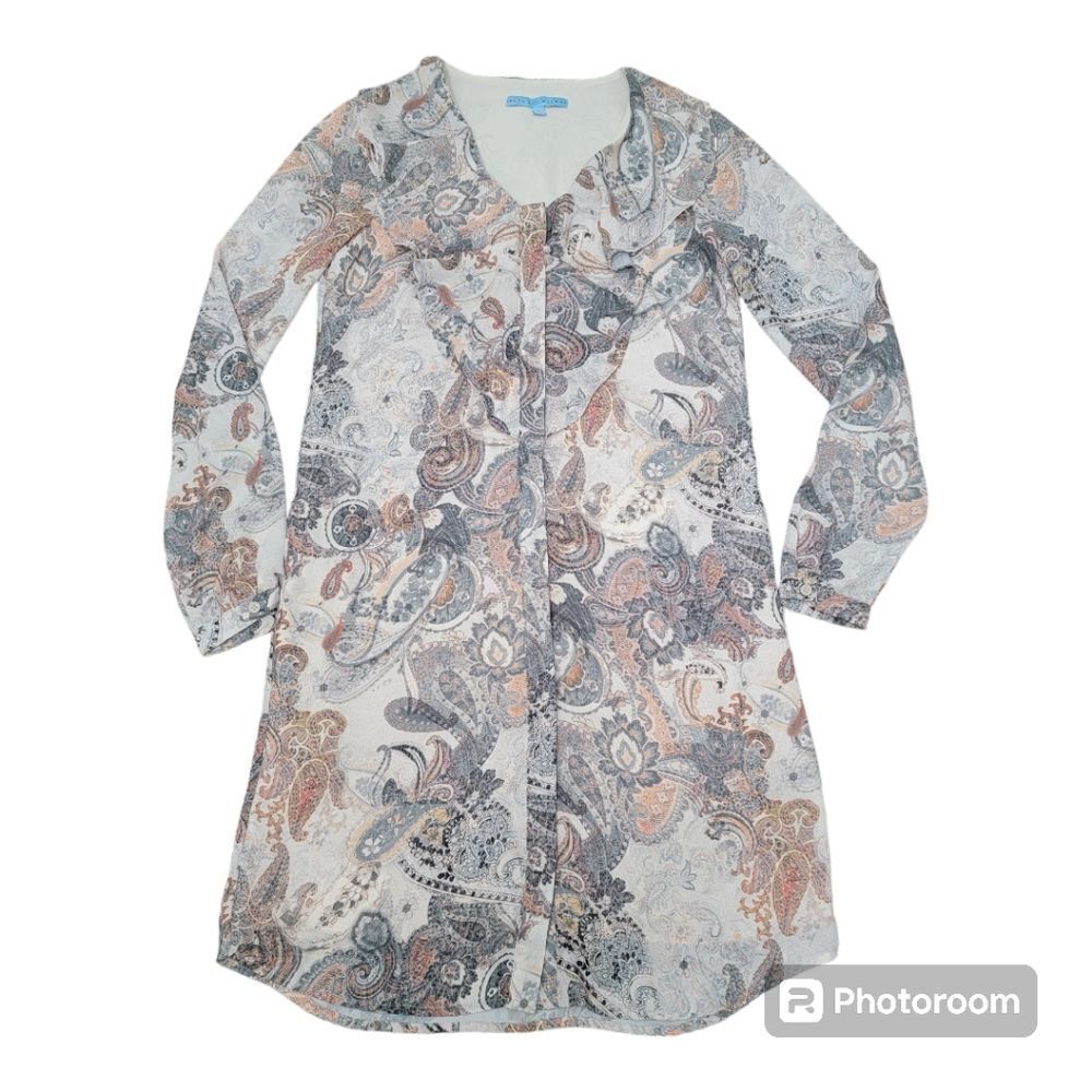 Antonio Melani Boho Long Sleeve Paisley Brown Mid Dress Full Button Down Size 0